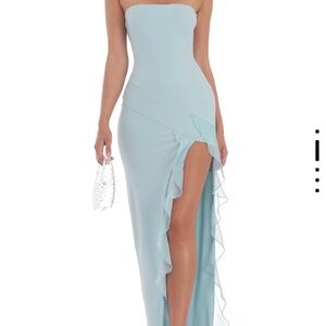 Lucy in the Sky Strapless Pale Blue Ruffle High-Slit Maxi Dress
